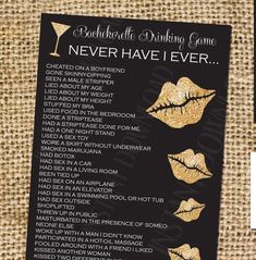 a black and gold bachelor party game with golden lips on the front, next to a card