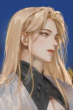 a drawing of a blonde haired woman with long hair, wearing a black shirt and silver jacket