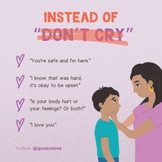 a woman is helping a boy with his ear in front of a sign that says instead of don't cry