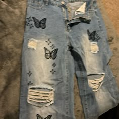 Black Butterfly’s On Wide Legged Jeans Never Worn Rips On Thighs And Knees Butterfly Things, Butterfly Pants, Black Coated Jeans, High Rise Blue Jeans, Cute Ripped Jeans, Ragged Jeans, Wide Legged Jeans, Flare Denim Jeans, Long Jeans