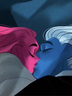 two people are kissing each other with their faces painted pink, blue and grey in the background