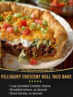 an advertisement for a restaurant called the pillsbury crescent roll taco bake on a plate