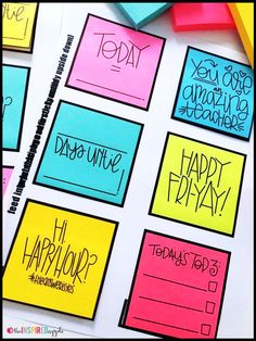 colorful sticky notes with the words happy hour written on them