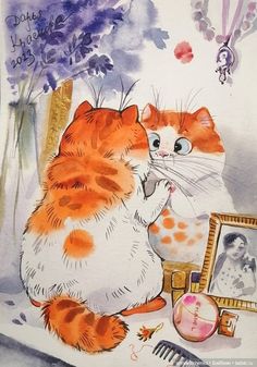 an orange and white cat sitting on top of a table next to a framed photo