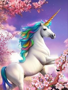 a white unicorn standing on its hind legs in front of some pink flowers and trees