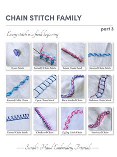 the chain stitch family part 3 is shown in several different colors and sizes, including blue,