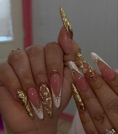 Golden Nails, Bling Acrylic Nails, Press Ons, Square Acrylic Nails, Funky Nails