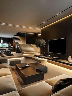 a living room with couches, coffee table and stairs leading up to the second floor