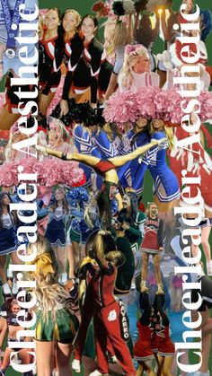 a collage of cheerleaders with pink pom - poms