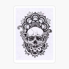 a black and white drawing of a skull with flowers on it's head sticker