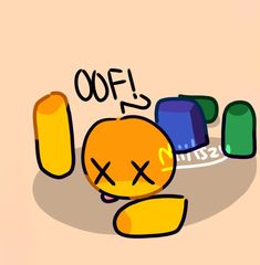 an orange is sitting on the ground with other items around it that say oof