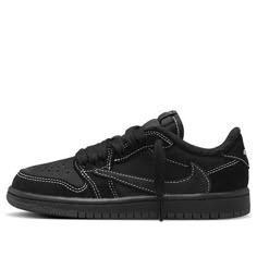 The Travis Scott x Air Jordan 1 Low OG SP 'Black Phantom' is a stylish sneaker with a classic silhouette. Featuring a black leather upper with white stitching, the shoe is accented with a beetle pattern at the heel, symbolizing progress, determination, love, and nature. It also features the iconic Cactus Jack logo on the tongue and a reversed Swoosh logo for a signature look. Perfect for everyday wear, this sneaker is also suitable for a range of activities. Inspired by Travis Scott's love of vintage style, this shoe is part of the Air Jordan x Travis Scott series. (AJ1/SNKR/Retro/Light/Low Top/Classic/Basketball) Date Night Shoes Men, Hype Beast Shoes, Street Wear Shoes Men, Aesthetic Shoes For Men, Shoes That Match With Everything, Teen Boy Shoes, Men’s Sneakers, Cactus Jack Sneakers, Travis Scott Jordans