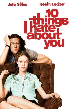 the movie poster for 10 things i hate about you is shown with two people sitting on a chair