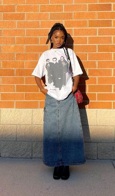 Thrifting Vintage, Long Denim Skirt Outfit, Jean Skirt Outfits, Long Jean Skirt, Fest Outfits, Denim Skirt Outfits, Long Denim Skirt