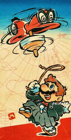 an image of a cartoon character flying through the air with a plane in the background