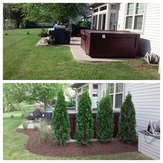 before and after pictures of landscaping in front of a house