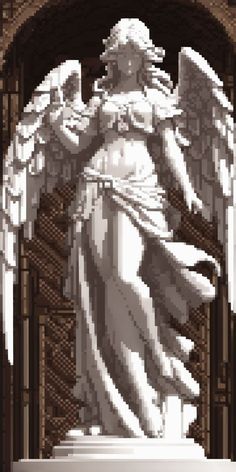 an image of the statue of liberty in front of a brick wall and arch with angel wings