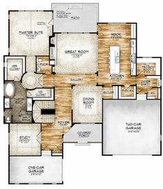 the floor plan for a home with two master suites and an open concept living area