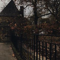 an old brick building with a black iron fence and trees in the foreground on a gloomy day