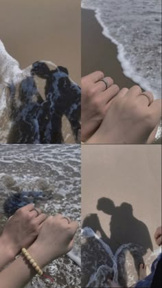 two people standing in the sand with their hands on each other's feet, and one person holding his hand out to the water