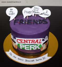 there is a purple cake with white speech bubbles on it that say friends central perk