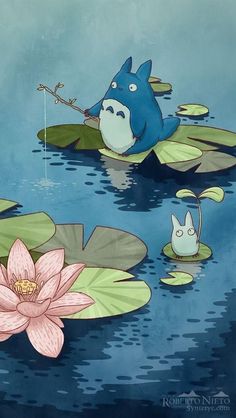 an image of a cartoon character in the water with lily pads