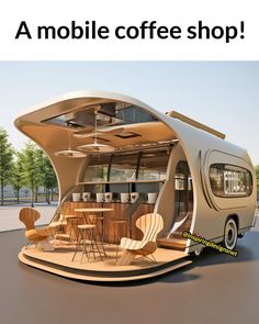 a mobile coffee shop with chairs and tables