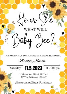 a baby shower is shown with sunflowers and bees on the honeycomb, which are