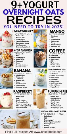 Text reads 9+ Yogurt Overnight Oats Recipes You Need To Try in 2025! Protein Overnight Oats Healthy, Recipes With Yogurt, Delicious Overnight Oats, Care Meals