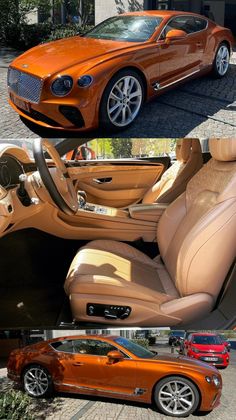 the inside and outside view of an orange sports car