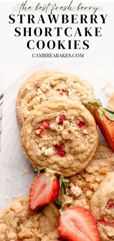 strawberry shortcake cookies on parchment paper. Cambrea Bakes, Shortcake Cookies, Dehydrated Strawberries, Strawberry Sugar Cookies, Strawberry Shortcake Cookies, Buttery Shortbread, Slow Cooker Desserts, Strawberry Cookies, Cookie Flavors