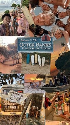 the collage shows many different people and their surfboards in various pictures, including an advertisement for outer banks paradise on earth