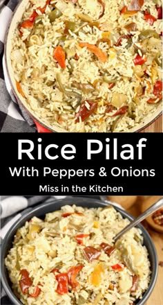 rice pilaf with peppers and onions is in a pan on the table next to a