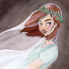 a drawing of a woman in white dress with green leaves on her head and shoulders