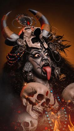 a woman with horns and skulls on her head