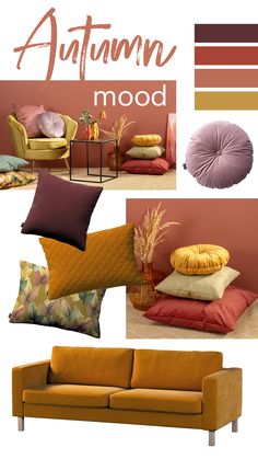 an orange couch and some pillows in front of a pink wall with autumn mood colors