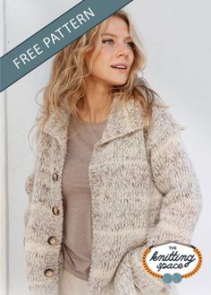 a woman wearing a cardigan sweater and pants with the words free pattern on it