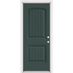 a green door with white trim and two round knobs on the front paneling