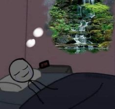 a cartoon character sleeping in bed with a waterfall behind him