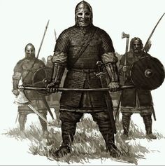 an image of a man in armor standing next to two men with swords and shields