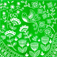 a green bandana with white flowers and birds in the center, on a dark green background