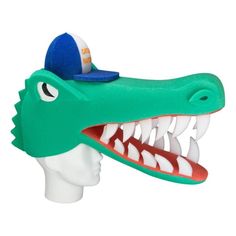 a green alligator head with a baseball cap on it's head, wearing a blue hat