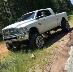 a white truck parked on the side of a dirt road