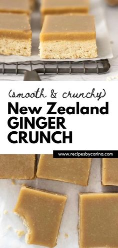 new zealand ginger crunch bars on a cooling rack with text overlay that reads, smooth & crunchy