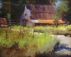 an oil painting of a barn and stream