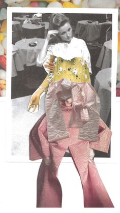 an altered photograph of a woman in pink and yellow clothes with her hands on her hips