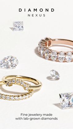 three different types of diamond rings on a white background with text that reads, fine jewelry made with lab - grown diamonds