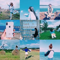 a collage of photos with the same person holding an iphone in one hand and another woman sitting on a bench