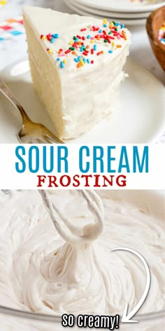 a white frosted cake with sprinkles on top and the words sour cream frosting above it