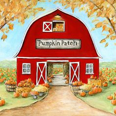 a painting of a red barn with pumpkins on it